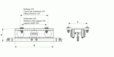 Support mobile L = 420 mm pour montée du fil de contact 3.0%, porteur du f.c. L = 1200 mm