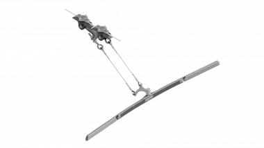 Contact wire suspension ETB with line insulator KUSYS, in curves to cross-span steel/steel-copper cable 5.5-7.5° with curve rail type 1, M16