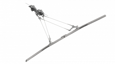 Contact wire suspension ETB with line insulator KUSYS, in curves to cross-span steel/steel-copper cable 8-10° with curve rail type 2, M16