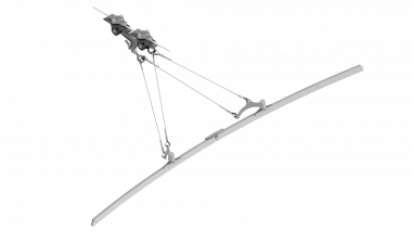 Suspension de ligne de contact TB avec corps isolé KUSYS 2, en courbes sur transversal câble en acier/acier-cuivre 10.5-14° avec griffe de courbe type 3, M16