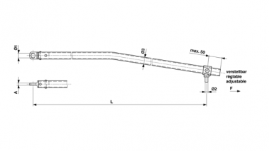 Bras de rappel G1" coudé 1 fois (en avant) avec œillet, réglable, L = 1900 mm, avec raccord à téton Ø = 16 mm